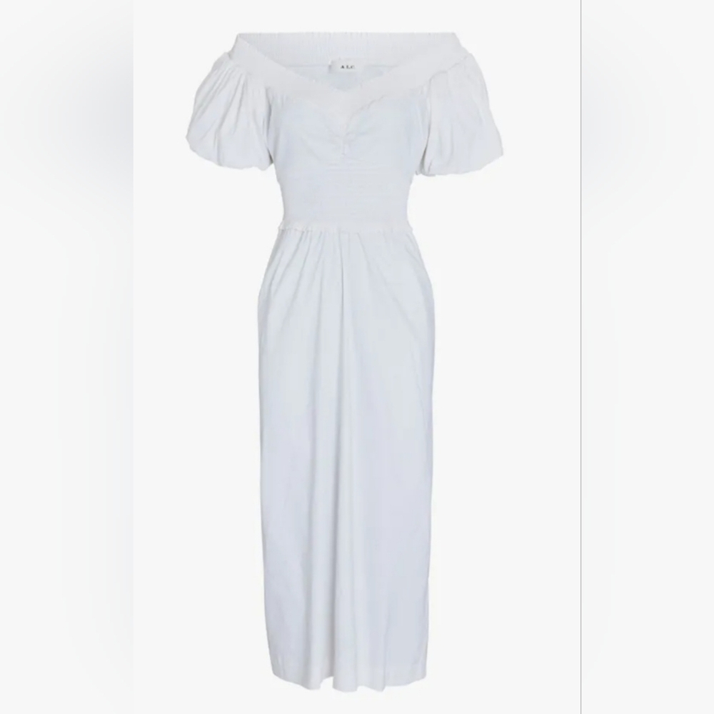 A.L.C. Smocked Midi Puff Sleeve Linen Blend Adena Dress, White, 6, Cottagecore